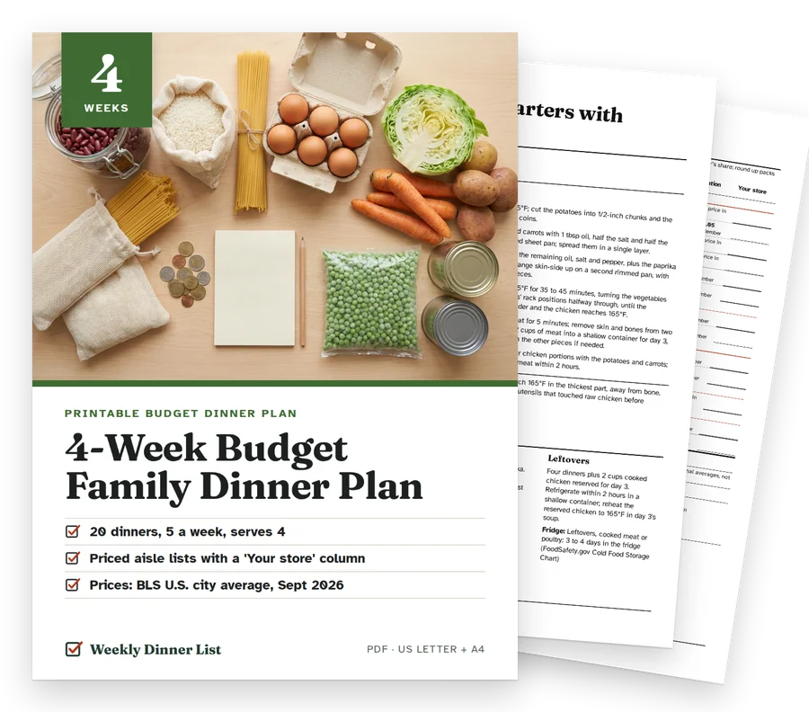 4-Week Budget Family Dinner Plan cover with real pages behind it