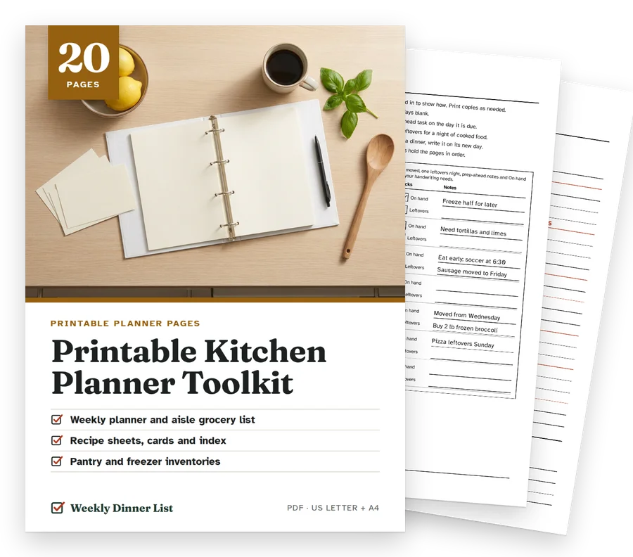 Printable Kitchen Planner Toolkit cover with real pages behind it