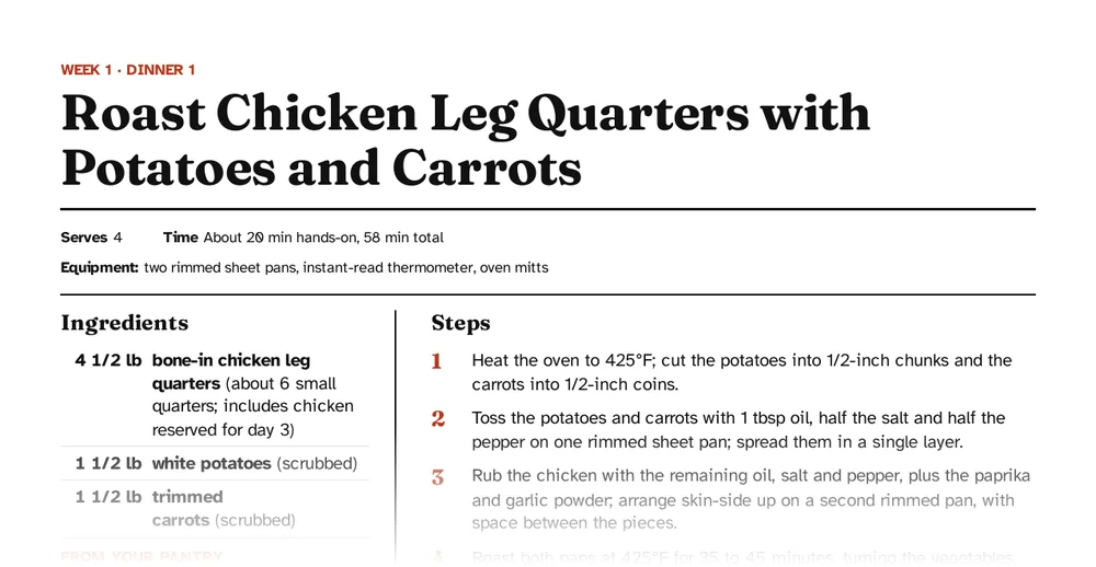A recipe page: one low-cost dinner per page