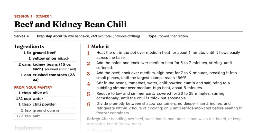 A recipe page: make, freeze, thaw and cook