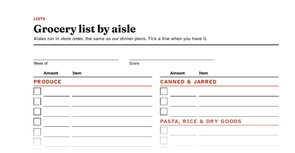 Grocery list by aisle