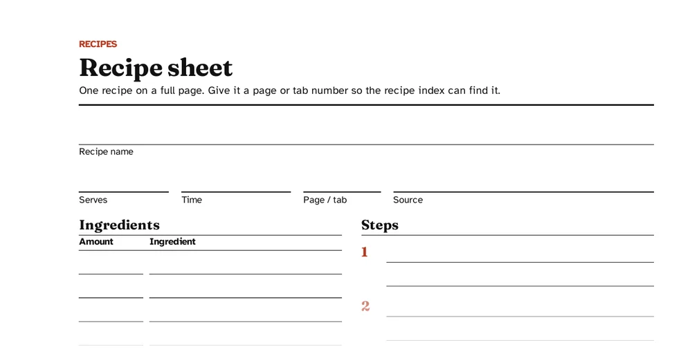 Full-page recipe sheet