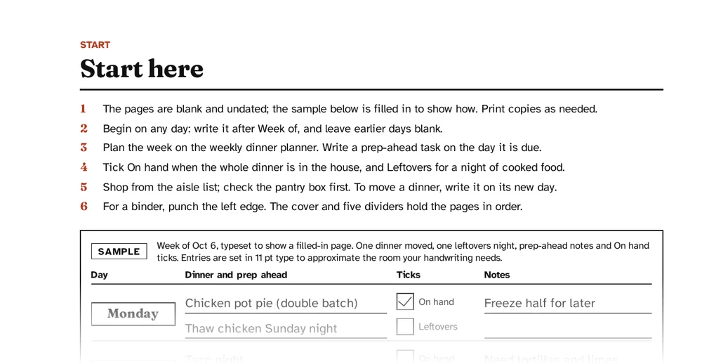 Start page with a filled sample week