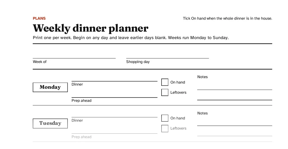 Weekly dinner planner