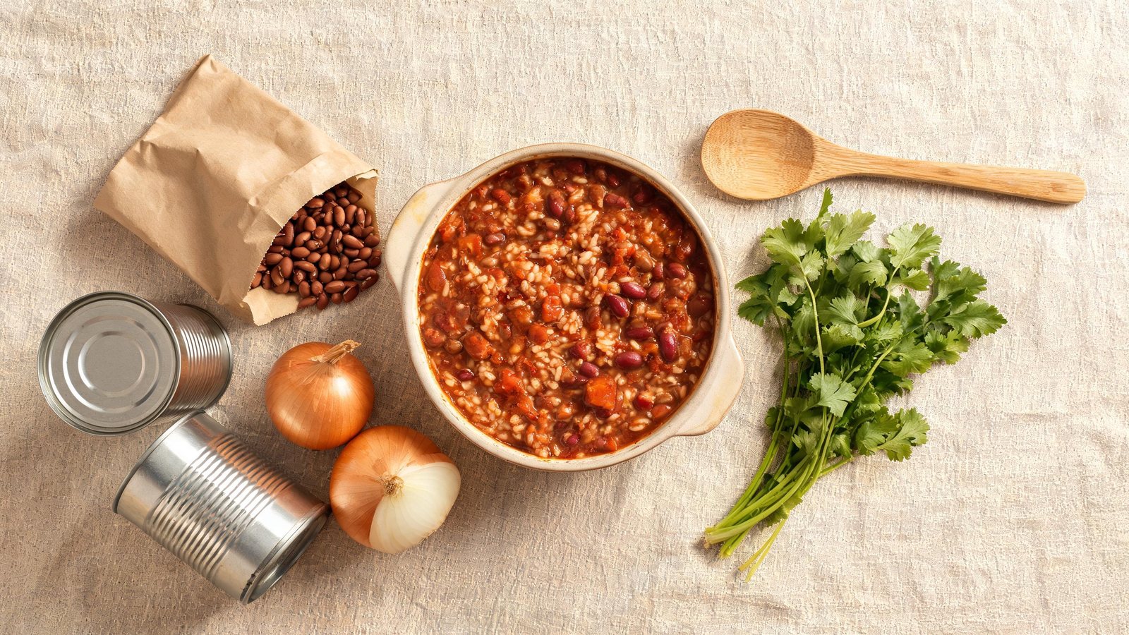 A beige pot of rice, bean, and tomato stew on a linen cloth, beside a paper bag of dried beans, two metal cans, two yellow onions, a bunch of cilantro, and a wooden spoon. Illustrative image.