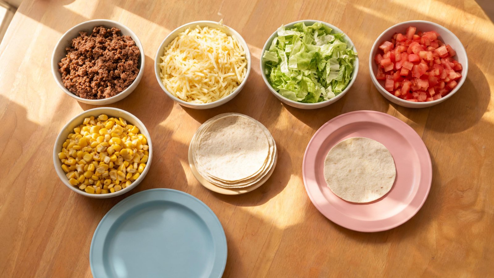 Overhead view of bowls of ground meat, shredded cheese, lettuce, diced tomato and corn, a stack of tortillas, a pink plate with a single tortilla, and an empty blue plate on a wooden table. Illustrative image.
