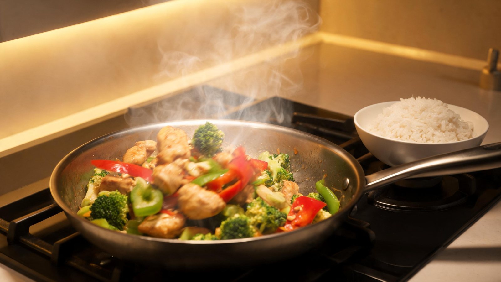 A skillet of chicken, broccoli, and red and green pepper steaming on a black stovetop, with a bowl of white rice beside it under a warm kitchen light. Illustrative image.