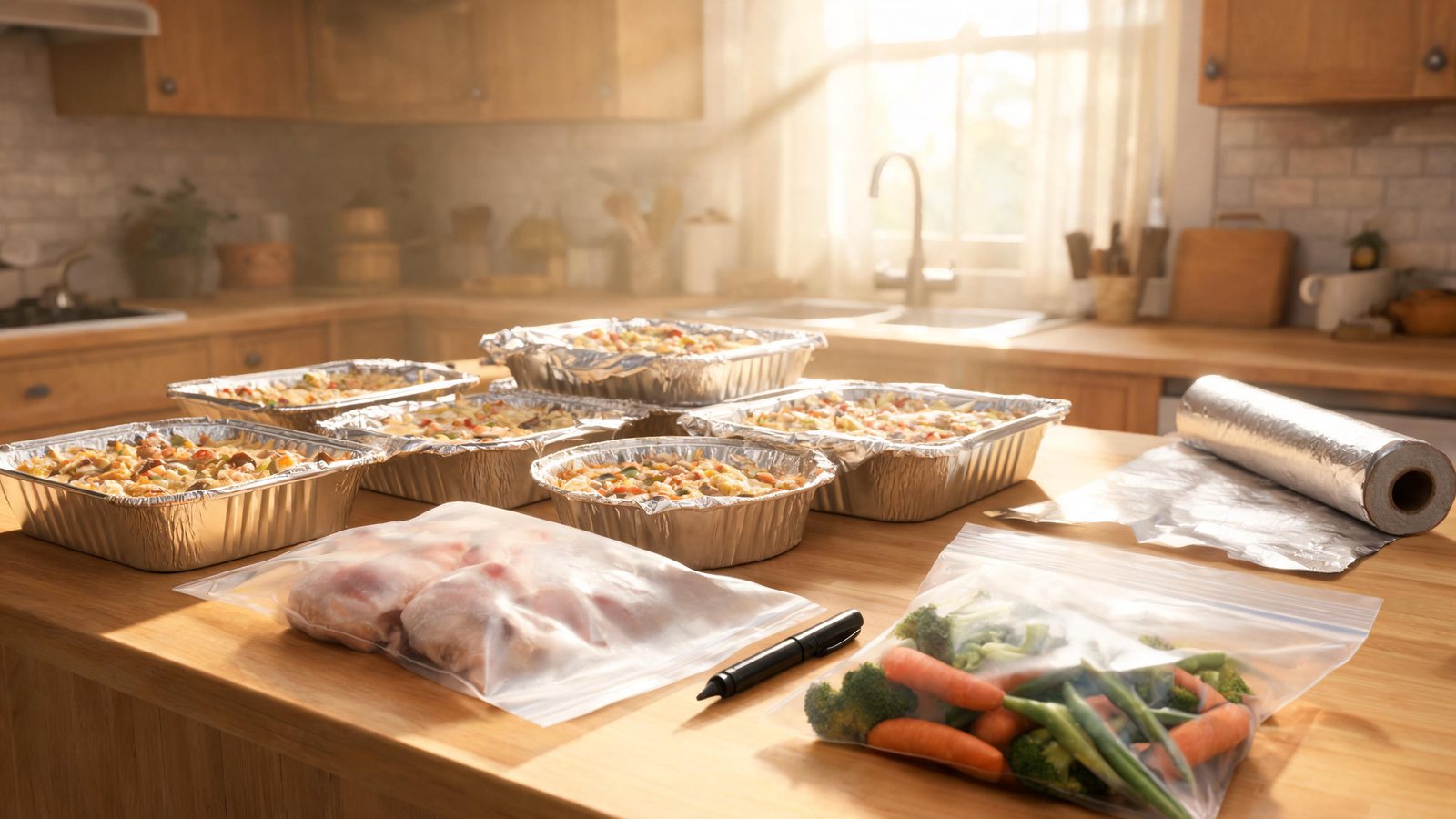 Foil pans of a baked rice dish, a roll of foil, a bag of raw chicken, a bag of carrots and broccoli, and a black marker sit on a wooden kitchen counter. Illustrative image.