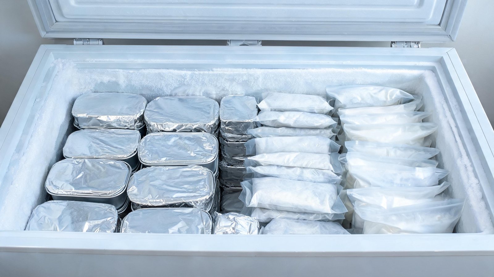 An open chest freezer holds foil-covered pans on the left, foil-wrapped stacks in the middle, and rows of white freezer bags on the right, with frost along the rim. Illustrative image.