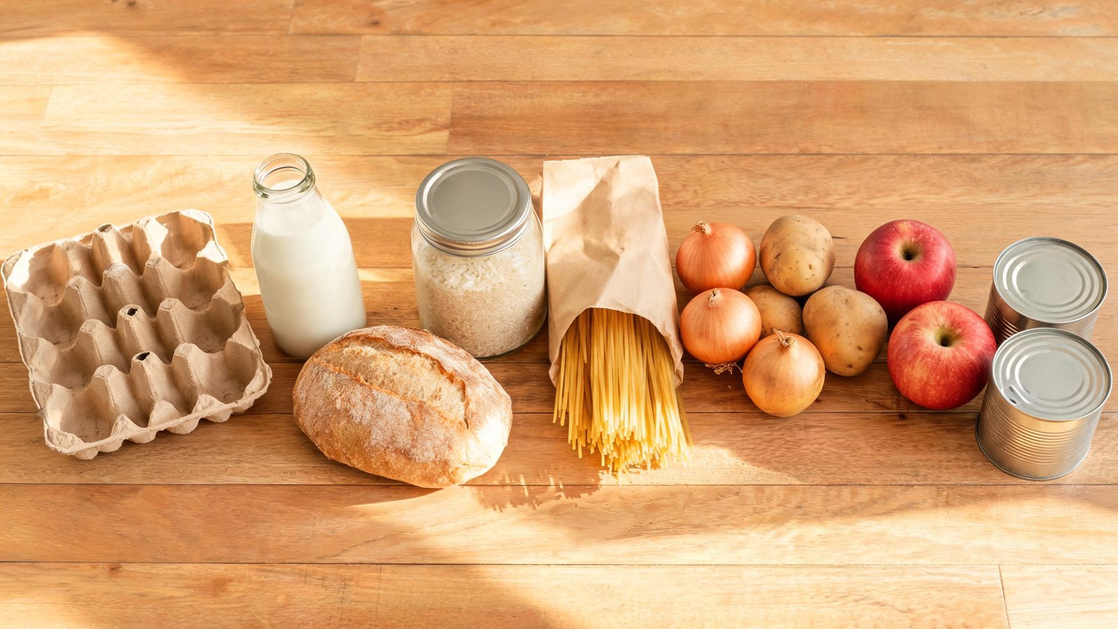 On a wooden table sit an empty cardboard egg carton, a glass bottle of milk, a round loaf of bread, a jar of rice, a paper bag of spaghetti, yellow onions, potatoes, red apples, and metal food cans. Illustrative image.