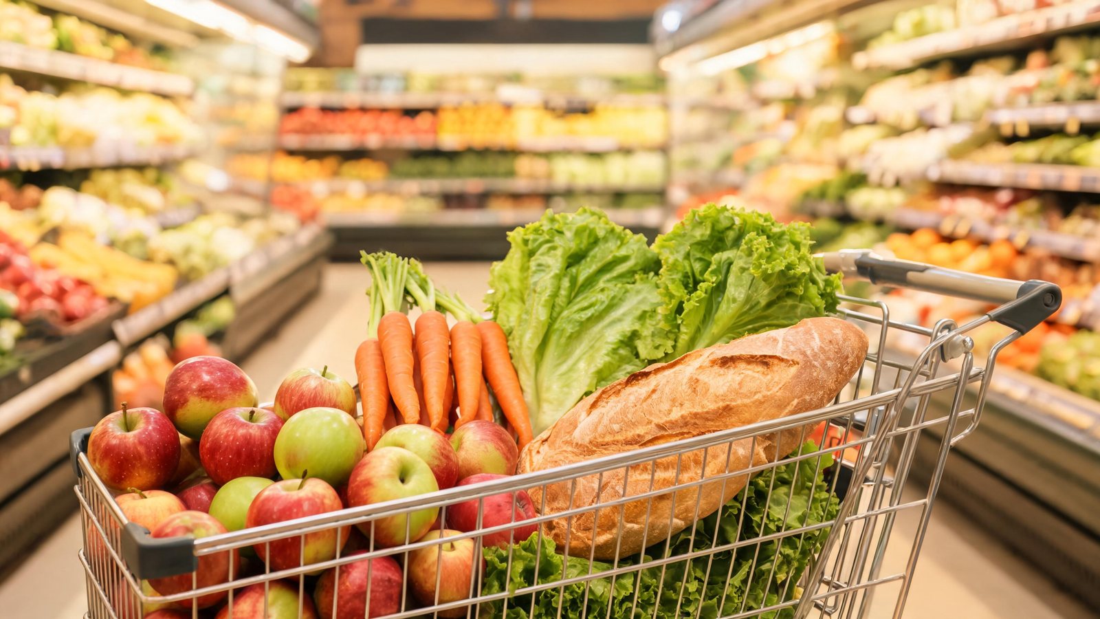 A metal shopping cart in a grocery aisle holds red and green apples, carrots with green tops, a head of lettuce, and a crusty loaf of bread. Illustrative image.