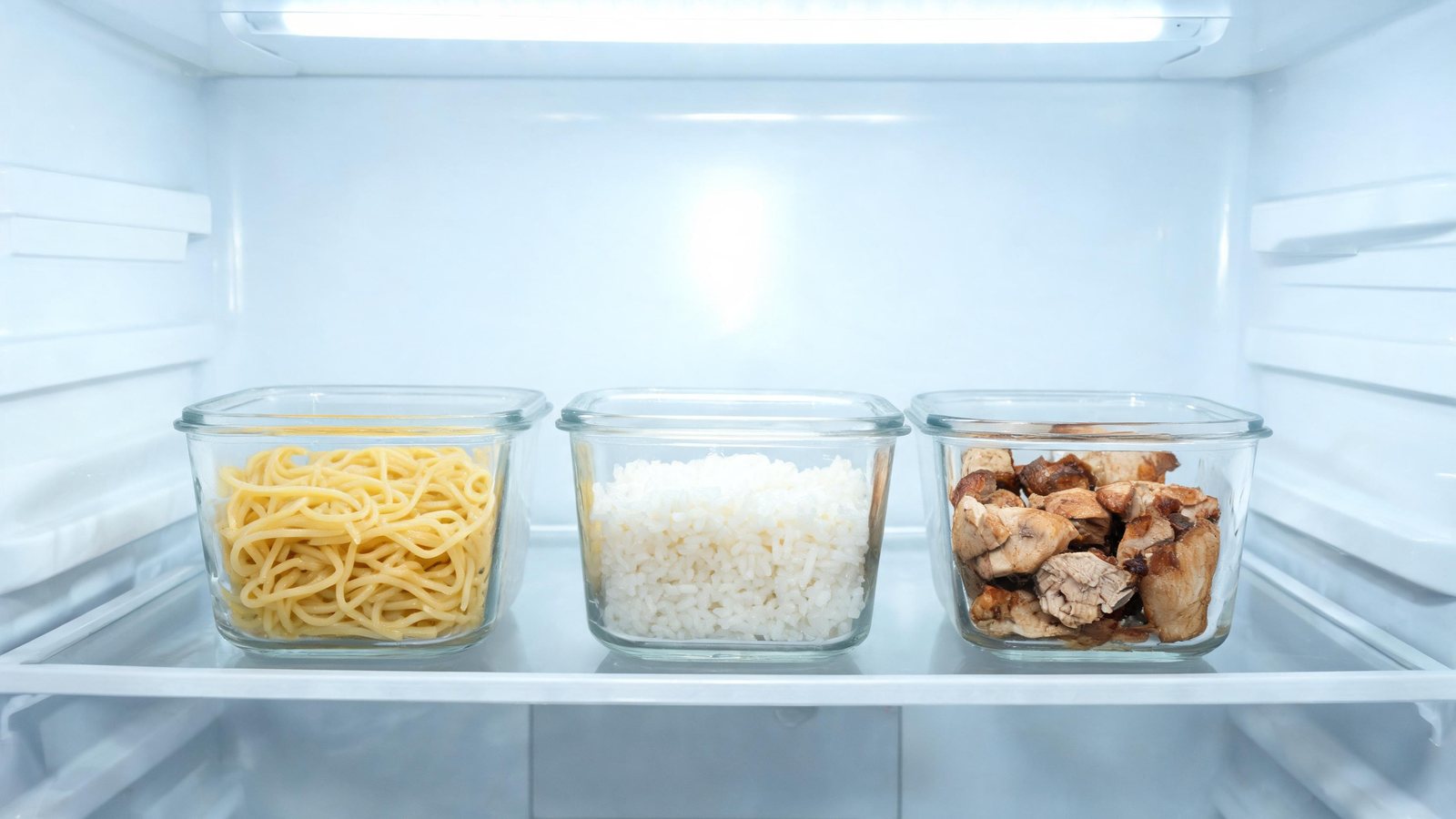 Three glass containers of noodles, white rice, and cooked chicken pieces sit in a row on a shelf inside a white refrigerator. Illustrative image.