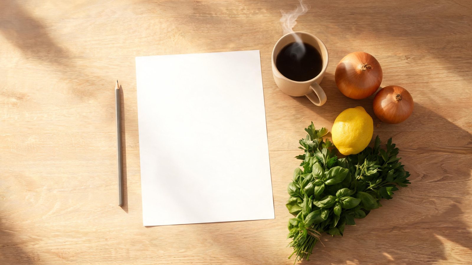 A blank white sheet and a gray pencil on a light wood table, next to a steaming beige mug, two brown onions, a yellow lemon, and a tied bunch of basil and parsley. Illustrative image.