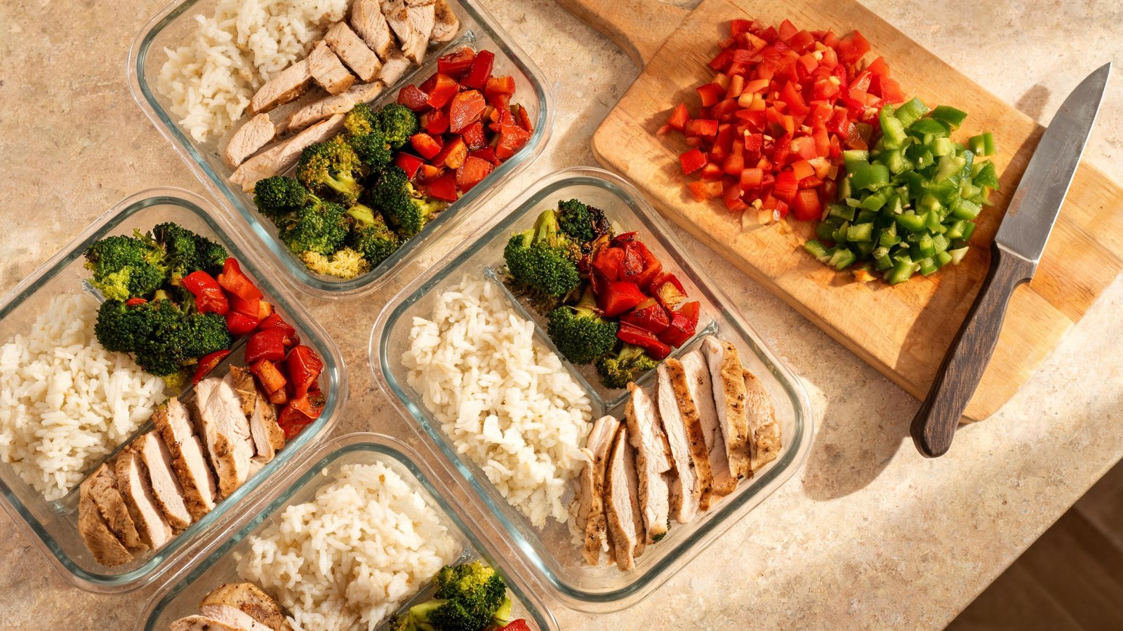 Glass containers of rice, sliced chicken, broccoli, and red peppers sit beside a cutting board of diced red and green peppers and a knife. Illustrative image.