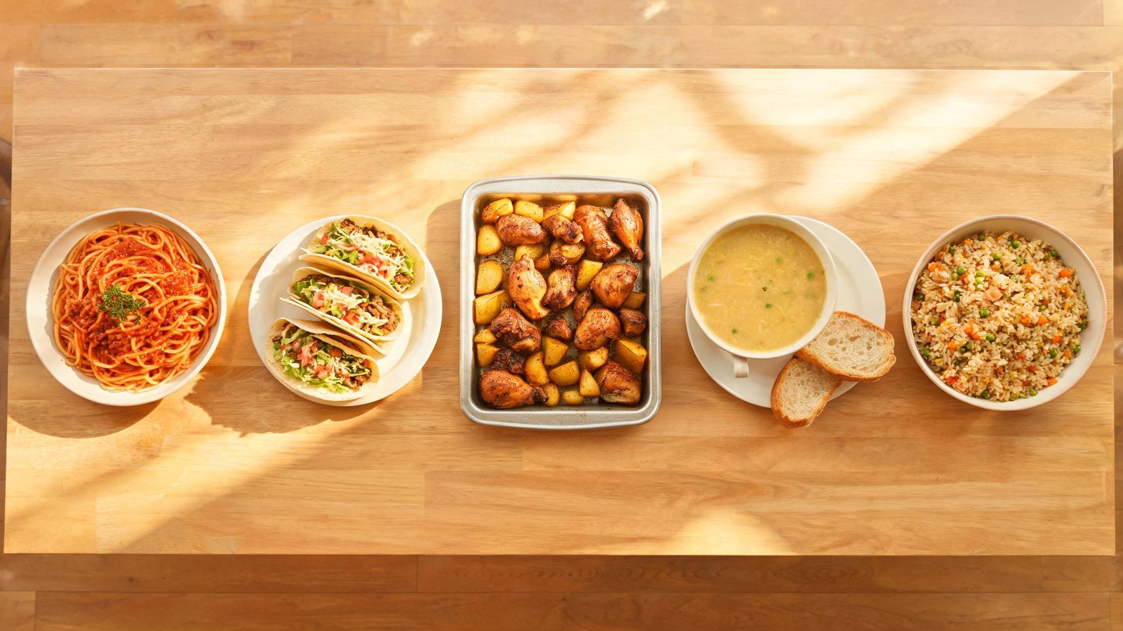 Five dishes in a row on a light wood table: spaghetti with red sauce, three tacos on a plate, a pan of chicken and potatoes, a bowl of soup with bread, and a bowl of fried rice. Illustrative image.