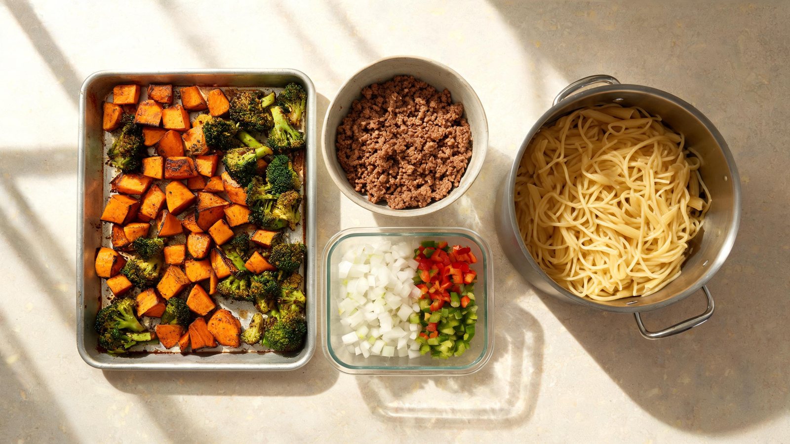 A sheet pan of roasted sweet potato and broccoli, a bowl of cooked ground meat, a pot of noodles, and a container of diced onion and peppers on a counter. Illustrative image.
