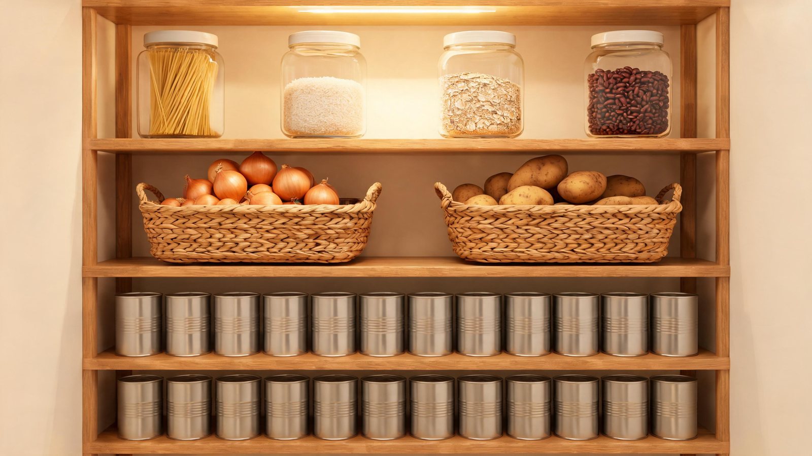 A wooden pantry has four glass jars of spaghetti, white rice, rolled oats, and red beans, two woven baskets of onions and potatoes, and two shelves of unlabeled metal cans. Illustrative image.