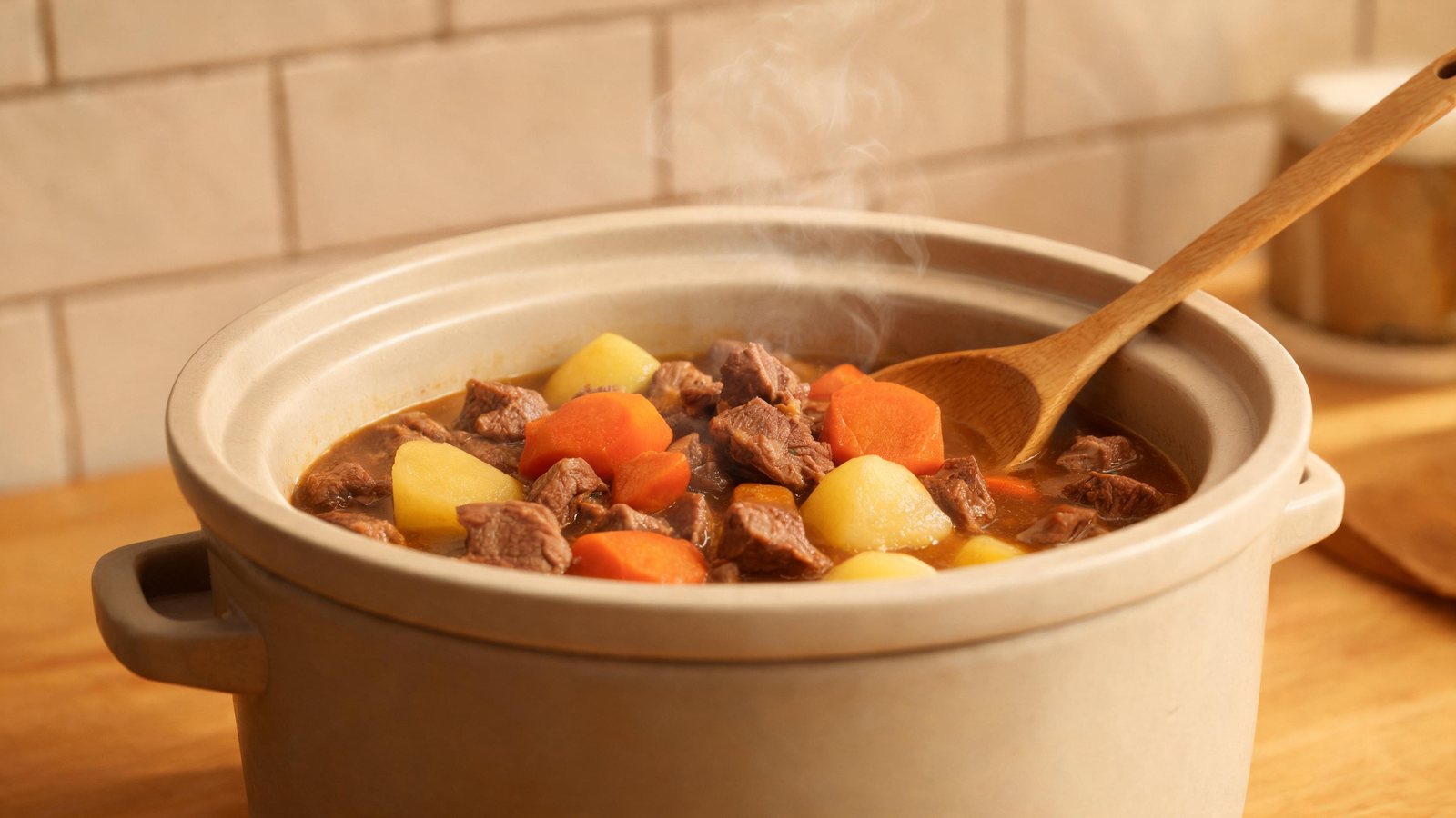 A beige slow cooker of beef stew with potato chunks and carrot coins, a wooden spoon in the pot, and steam rising against a tile wall. Illustrative image.